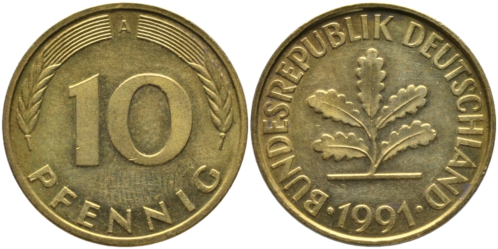 ФРГ 10 ПФЕННИГОВ 1991 A KM 108, J. 383 сталь плакированная латунью UNC 65-1212