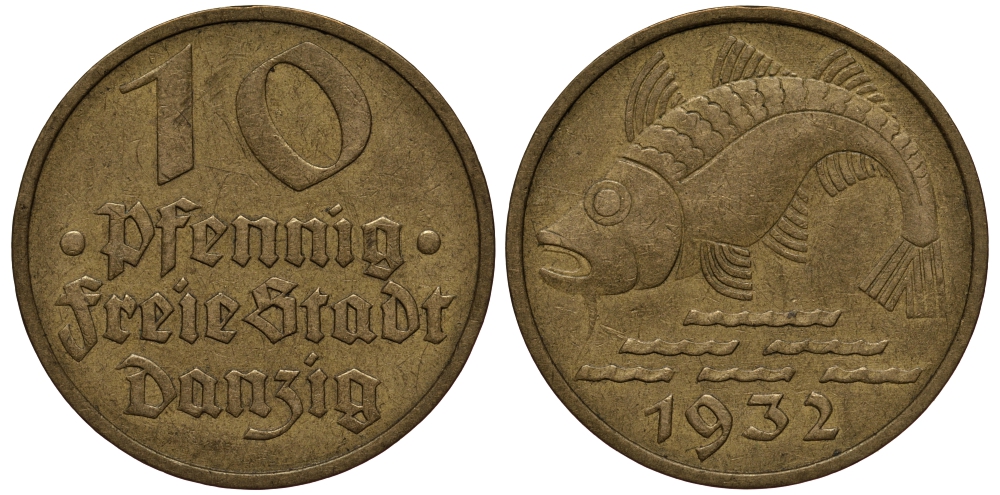Данциг 10 пфеннигов 1932 рыба J. D 13, KM 152 алюминиевая бронза 113-316