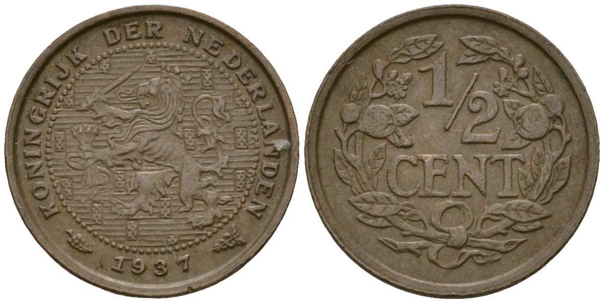 Нидерланды 1/2 цента 1937 Вильгельмина (1890-1948) KM 138 бронза 4169-459