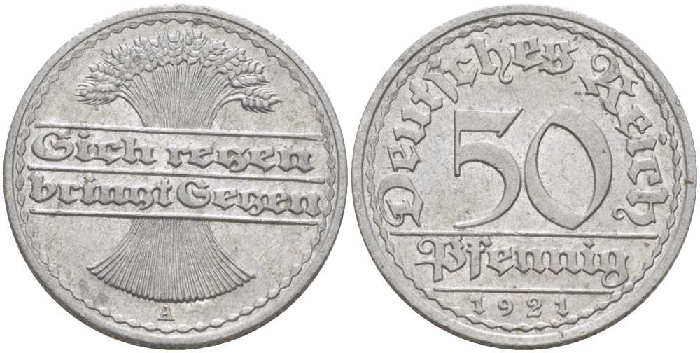 ГЕРМАНИЯ 50 ПФЕННИГОВ 1921 A KM 27, J. 301, Weege 10 алюминий 212-824