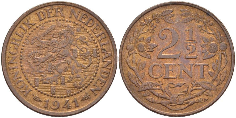 НИДЕРЛАНДЫ 2 1/2 ЦЕНТА 1941 ВИЛЬГЕЛЬМИНА KM 150 бронза 31-1011