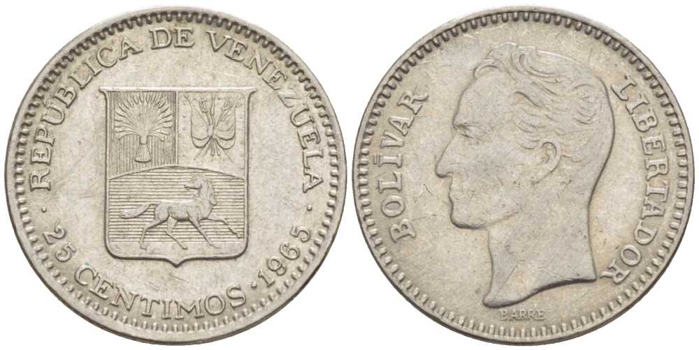 Венесуэла 25 сентимо 1965 Симон Боливар KM 40 никель 105-822