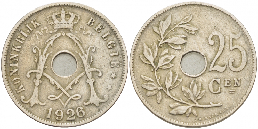 БЕЛЬГИЯ 25 САНТИМОВ 1926 BELGIE KM 69 медно-никель 87-1535