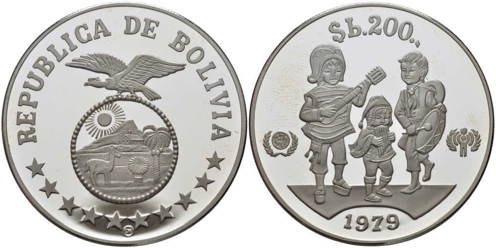 Боливия 200 песо 1979 Международный год защиты детей KM 198 серебро PROOF 02-208-34