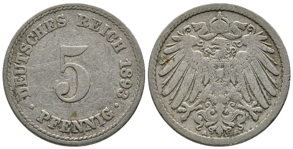 ГЕРМАНИЯ 5 ПФЕННИГОВ 1893 A KM 11, J. 12 медно-никель 39-652