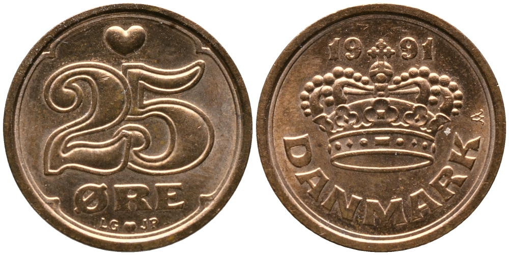 ДАНИЯ 25 ЭРЕ 1991 LG; JP; A, МАРГАРЕТ II (1972-) KM 868.1 бронза 100-738