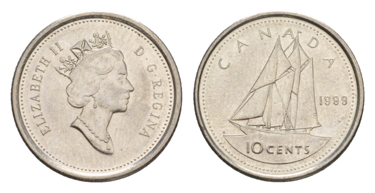 Канада 10 центов 1999 Елизавета II (1952-2022), парусник KM 183 никель 4630-849