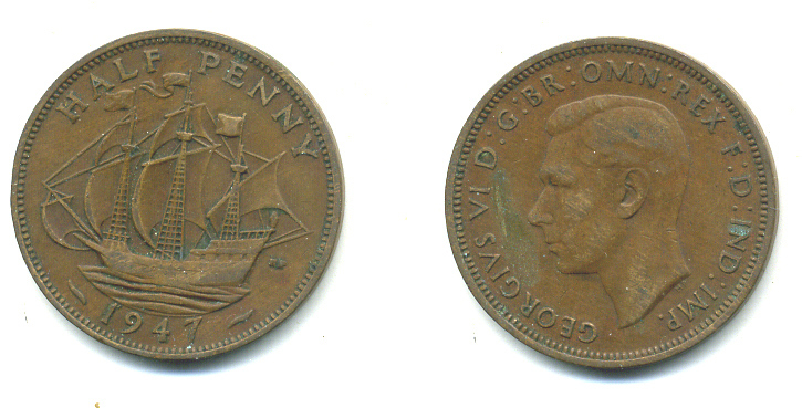 Великобритания 1/2 пенни 1947 Георг VI (1936-1952) KM 844, Spink 4115 бронза 4383-1026