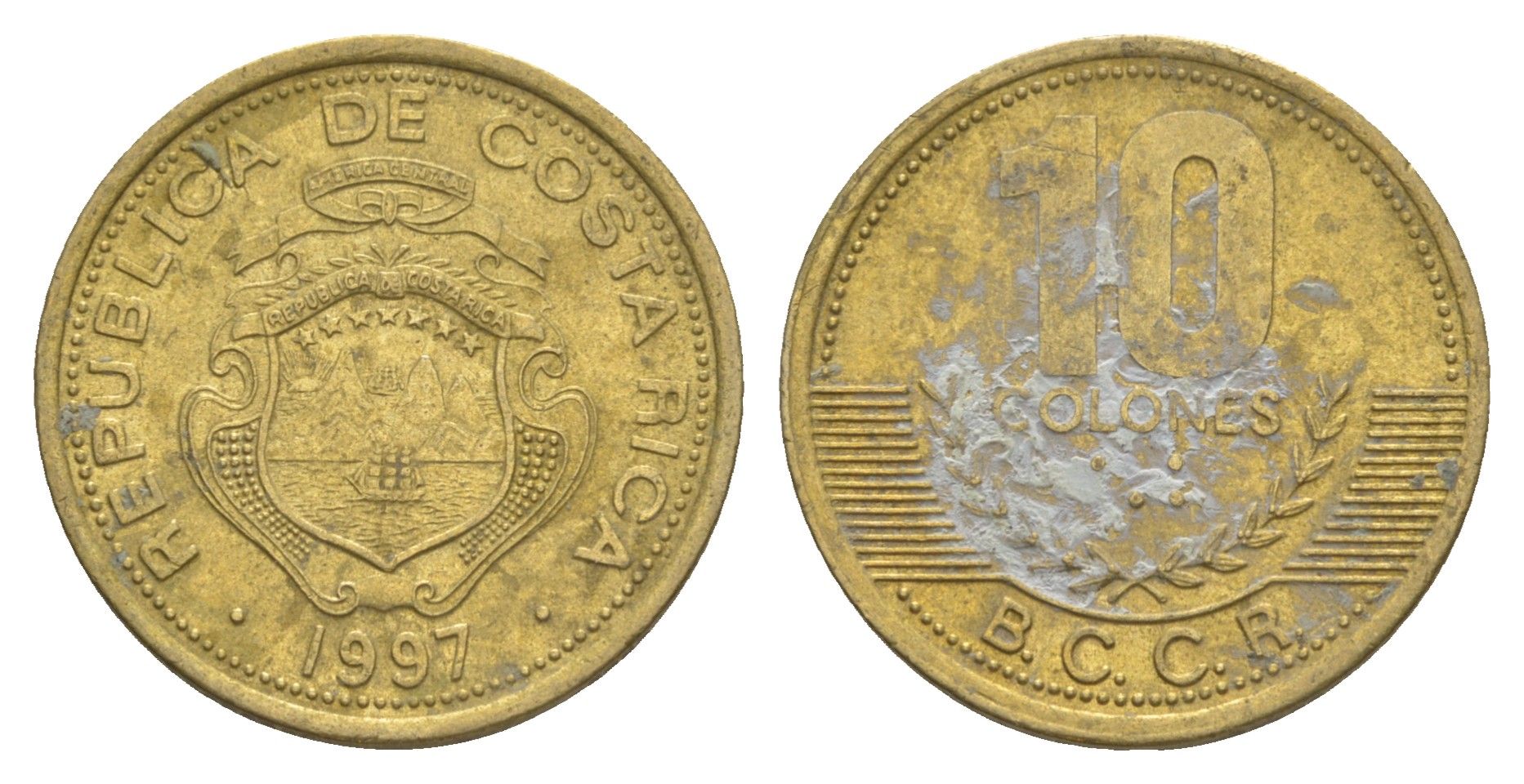 Коста-Рика 10 колонов 1997 KM 228a алюминиевая бронза 4646-251