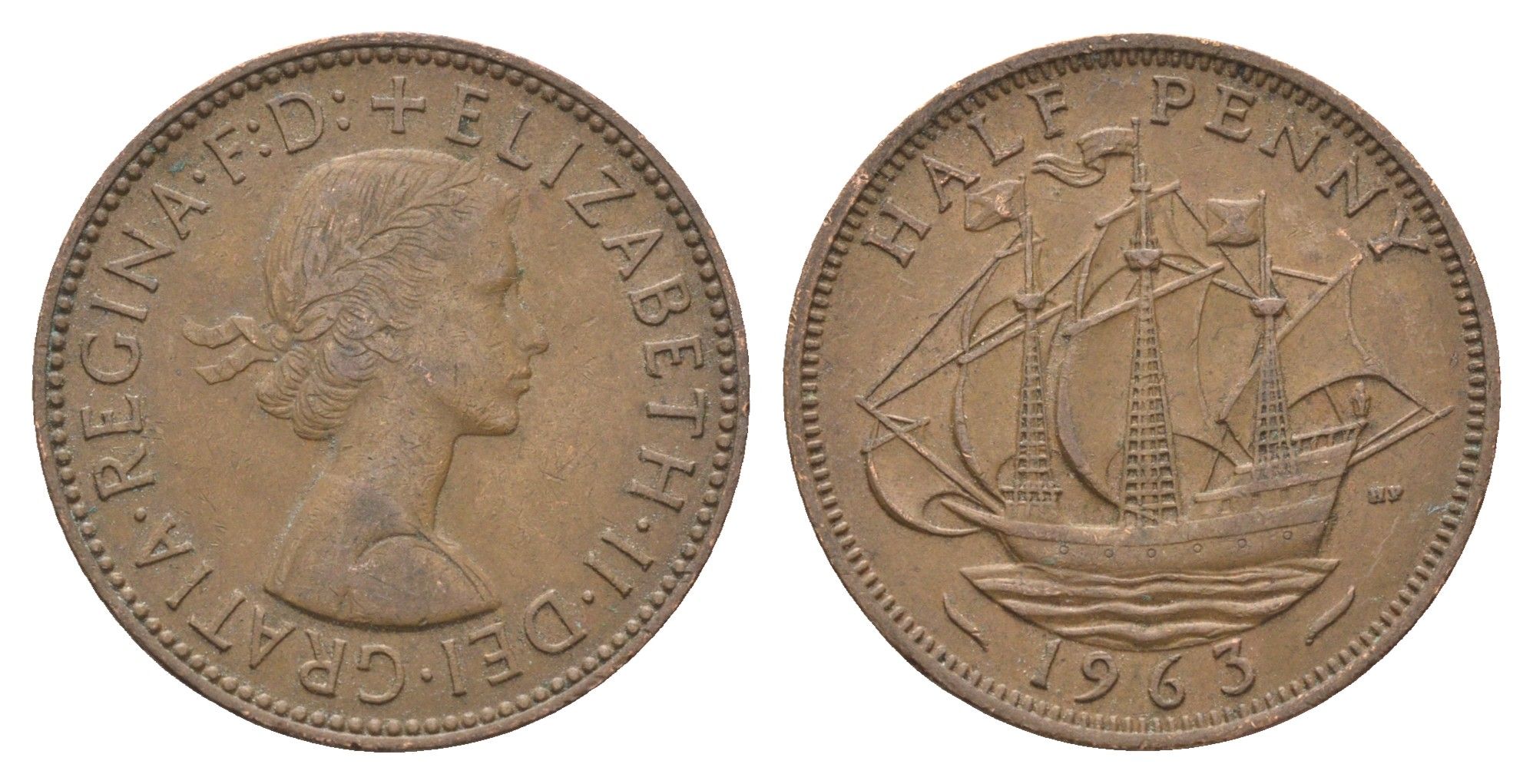 Великобритания 1/2 пенни 1963 Елизавета II (1952-2022) KM 896, Spink 4158 бронза 4662-1221