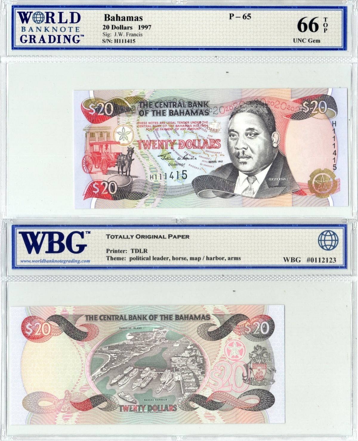 Багамский Острова 20 долларов 1977 в холдере компании WBG 66 UNC Gem, Сэр Майло Боутон Батлер, бухта Нассау Pick 65 бумага UNC (пресс) 452-3-19