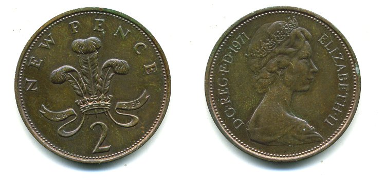 Великобритания 2 пенса 1971 Елизавета II (1952-2022) КМ 916, Spink 4235 (C1) бронза 3999-147