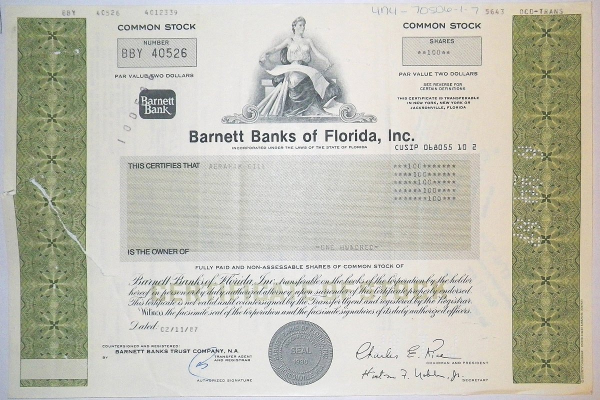 США, BARNETT BANKS OF FLORIDA, INC. 100 АКЦИЙ 1987 США надрыв бумага 00-00