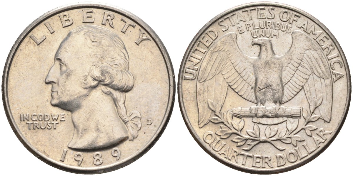 США 25 центов = квотер 1989 D, Вашингтон KM A164a медь плакированная медно-никелем 4584-1252