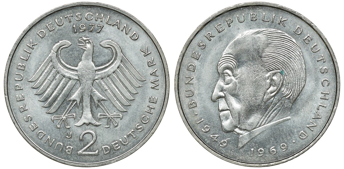 ФРГ 2 МАРКИ 1977 J, КОНРАД АДЕНАУЭР KM 124, J. 406 медно-никель плакированный никелем плакированный никелем UNC 72-516