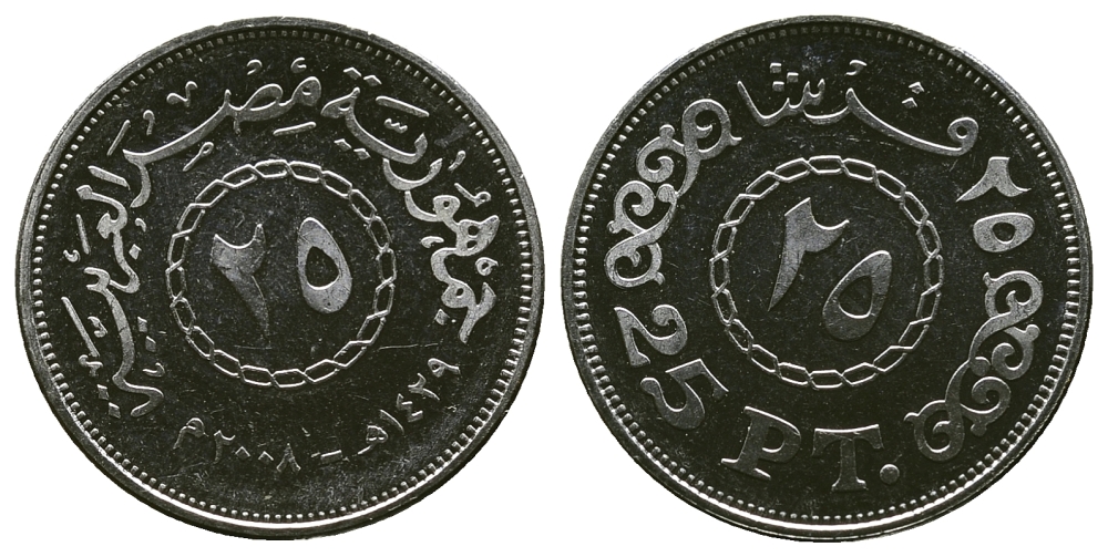 ЕГИПЕТ 25 ПИАСТРОВ 2008 KM 990 сталь плакированная никелем aUNC 4382-1117