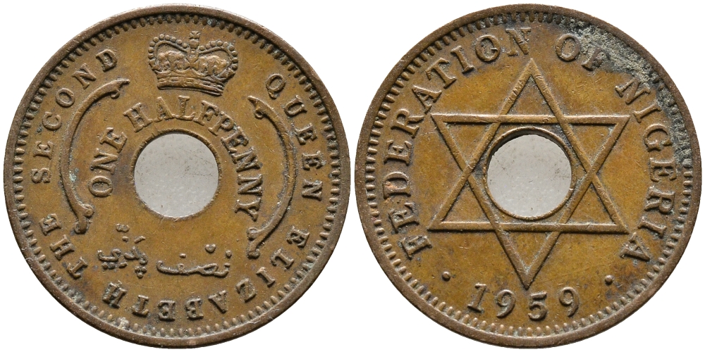 Нигерия 1/2 пенни 1959 Елизавета II (1952-), Британский протекторат KM 1 бронза 4387-427