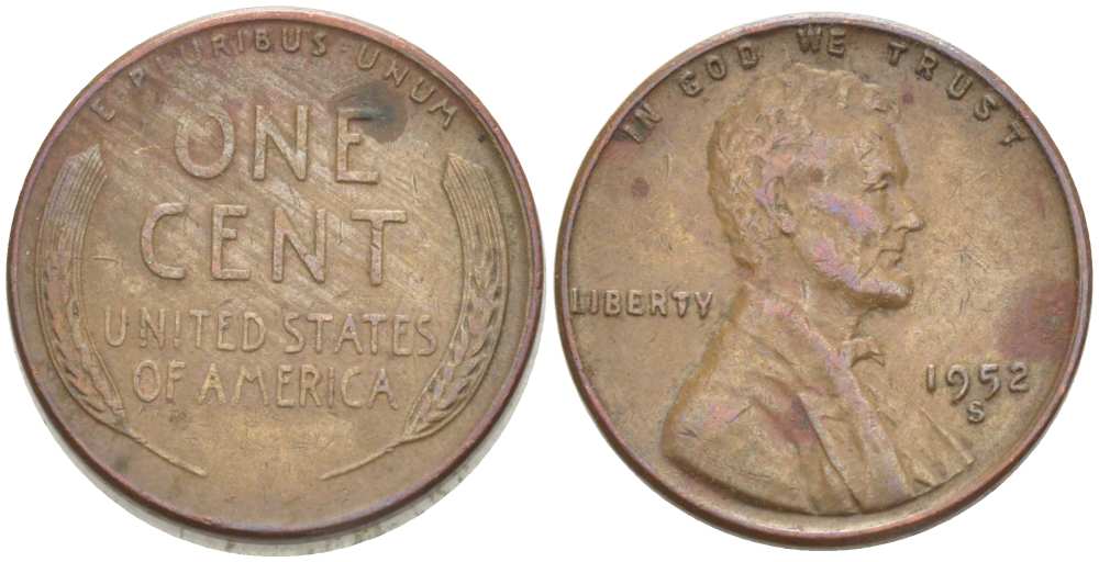 США 1 ЦЕНТ 1952 S, ЛИНКОЛЬН KM А132 медь цинк 218-246
