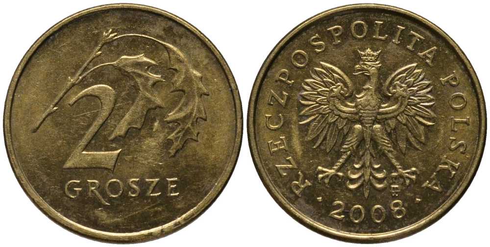 ПОЛЬША 2 ГРОША 2008 MW KM 277 латунь 201-419