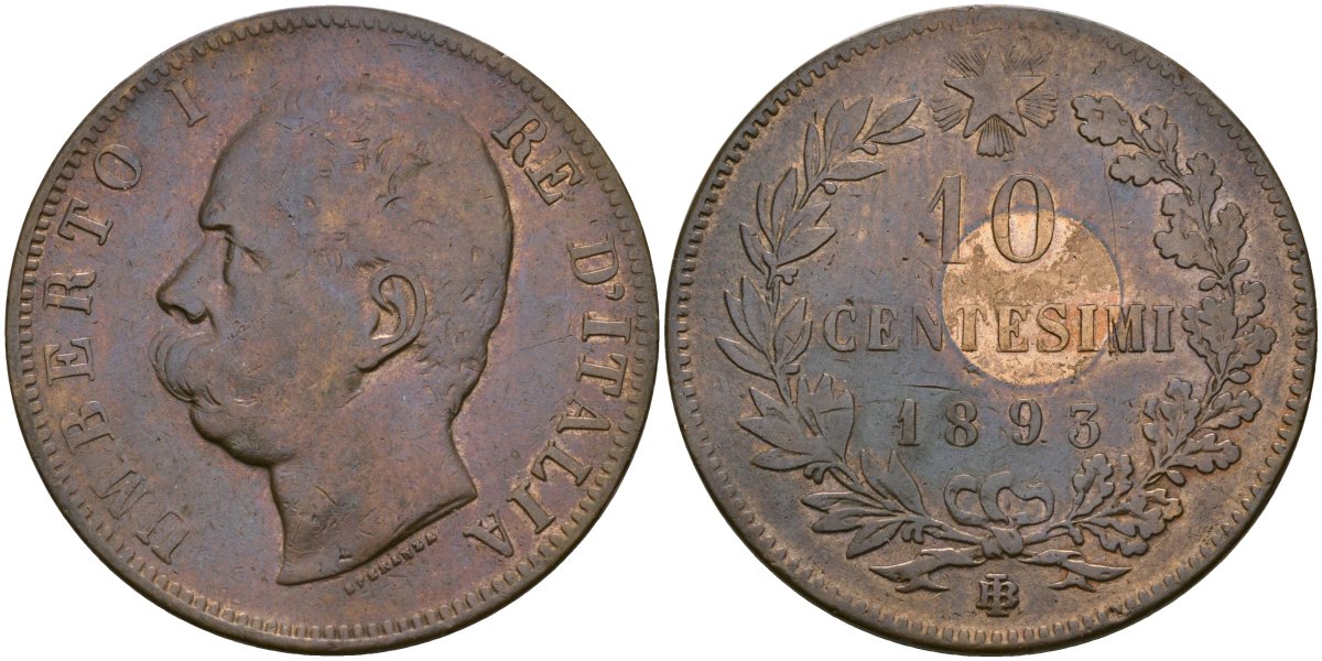 Италия 10 чентезимо 1893 BI - Бирмингем, Умберто I (1878 - 1900) KM 27 медь 4120-843