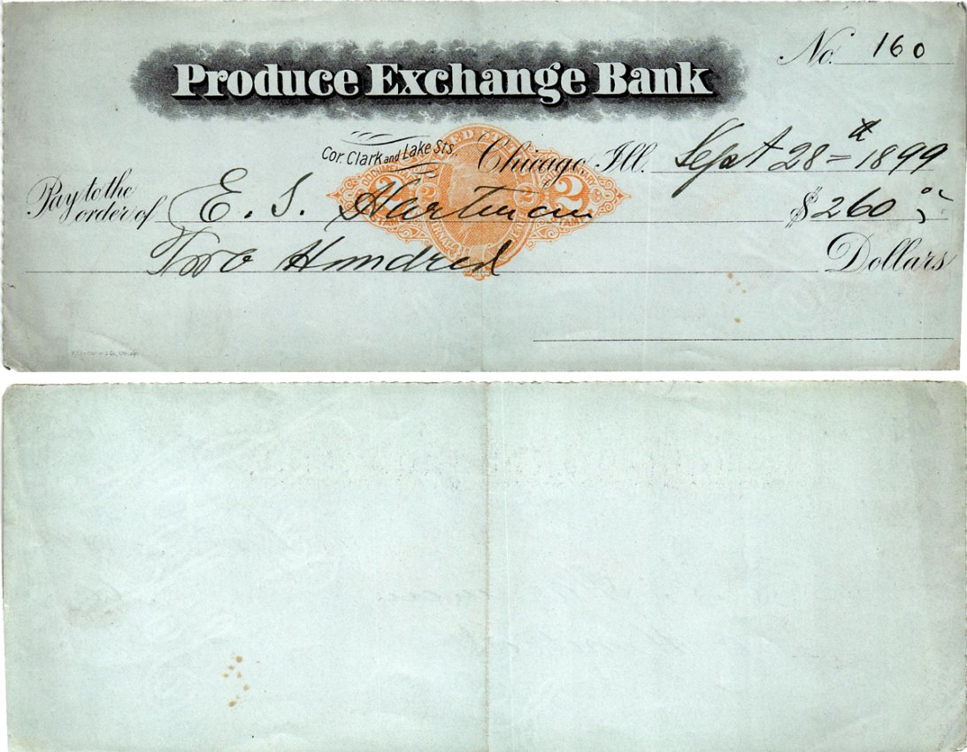 США чек на 260 долларов 1899 Produce Exchange Bank, Чикаго бумага 434-21-2-1