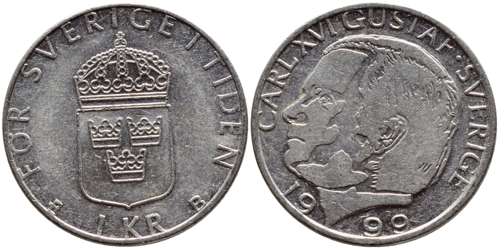 Швеция 1 крона 1999 Карл XVI Густав (1973- ) KM 852a медно-никель 4610-752