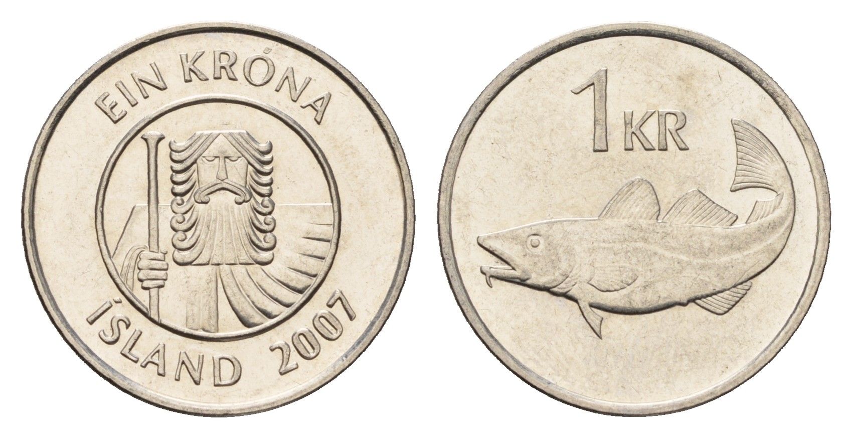Исландия 1 крона 2007 треска KM 27a сталь плакированная никелем UNC 4691-616