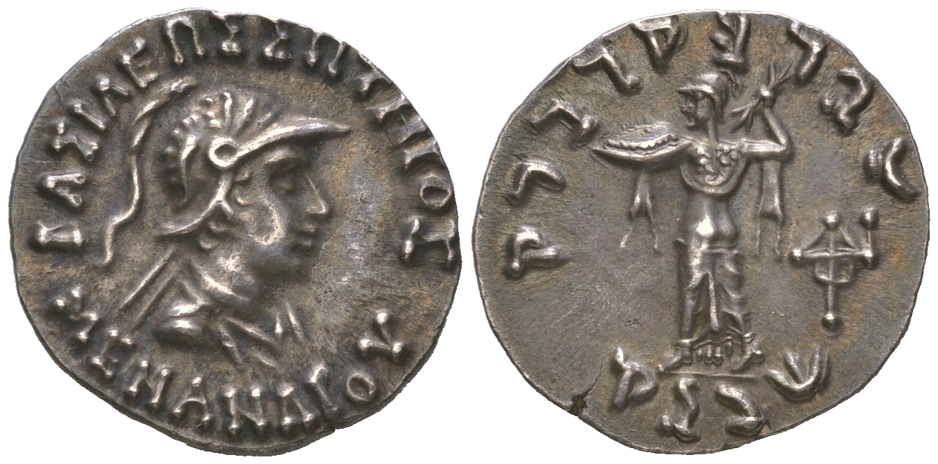 Индо-Греческое Царство драхма 160-145 гг. до н.э. Менандр, голова царя/Афина Алкидемос, 2,44 гр, EF SNG ANS 855 серебро 00-00