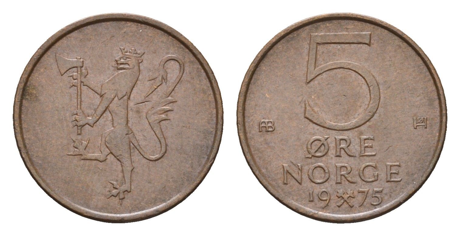Норвегия 5 эре 1975 Улаф V (1958-1991) KM 415 бронза 188-826