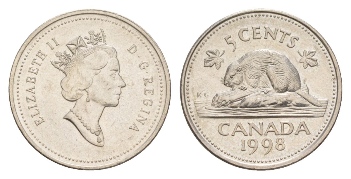 Канада 5 центов 1998 Елизавета II (1952-2022), бобр KM 182 медно-никель 4630-748
