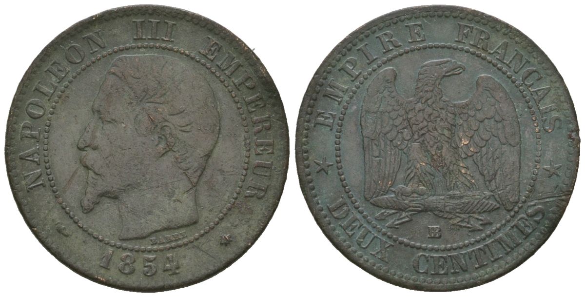 Франция 2 сантима 1854 BB, Наполеон III (1852-1870) KM 776.3 бронза 4615-641