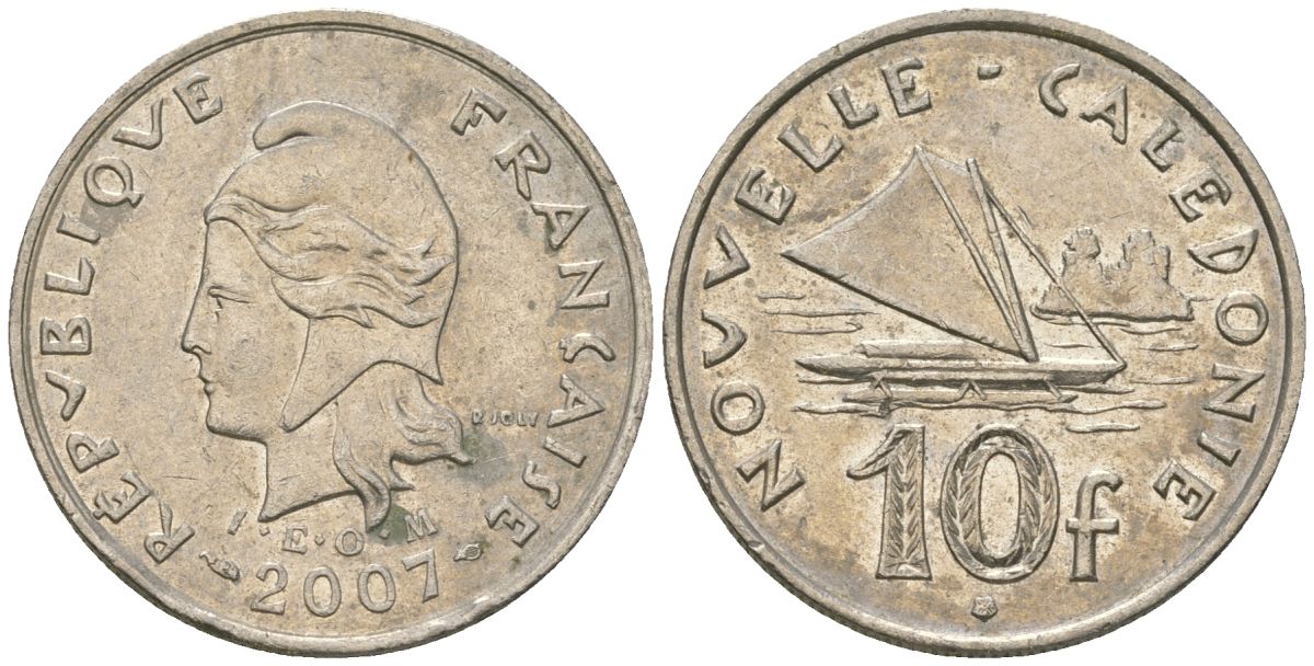 Французская Новая Каледония 10 франков 2007 рыбачья парусная лодка, (IEOM) KM 11a, Schoen 13a, Lec 99k медно-никель 58-454