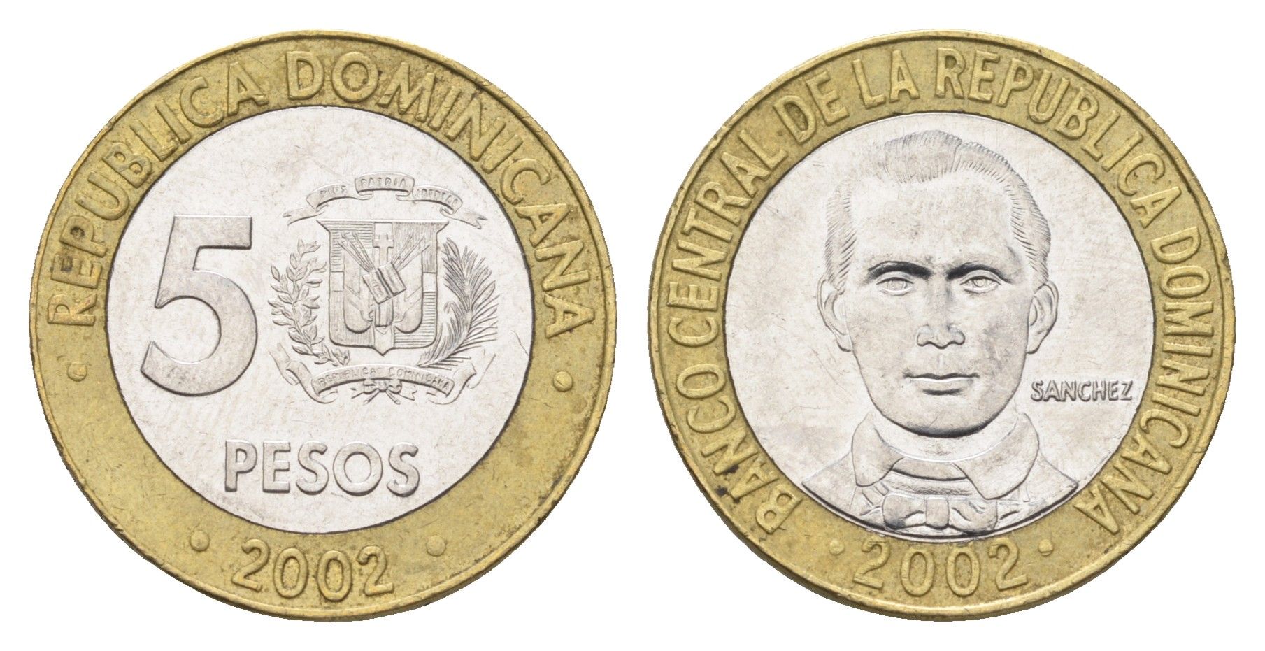 Доминиканская Республика (Доминикана) 5 песо 2002 Санчес KM 89 биметалл 4663-925