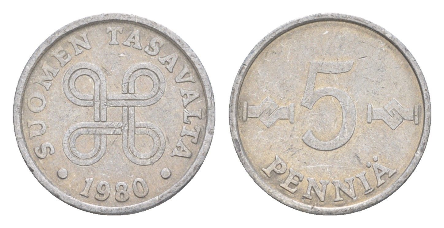 Финляндия 5 пенни 1980 KM 45a алюминий 4647-313