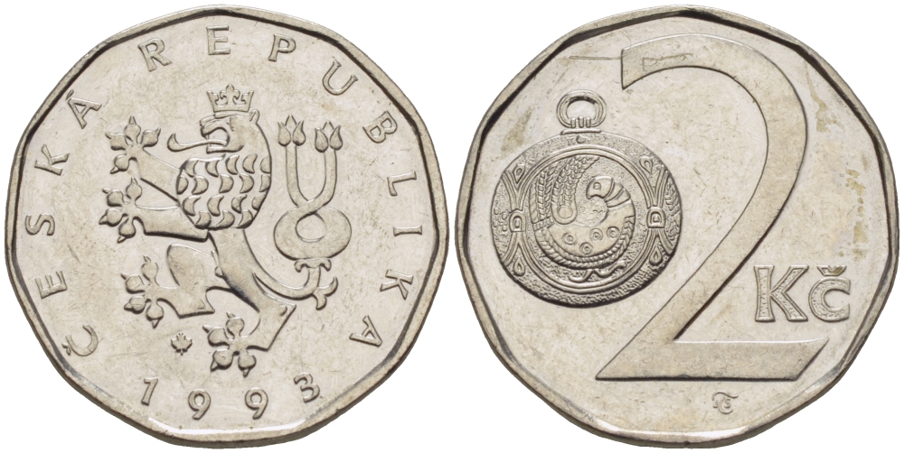 Чехия 2 кроны 1993 KM 9 сталь плакированная никелем 4383-1044