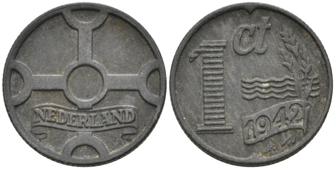 Нидерланды 1 цент 1942 Вильгельмина (1890-1948) KM 170 цинк 3458-156