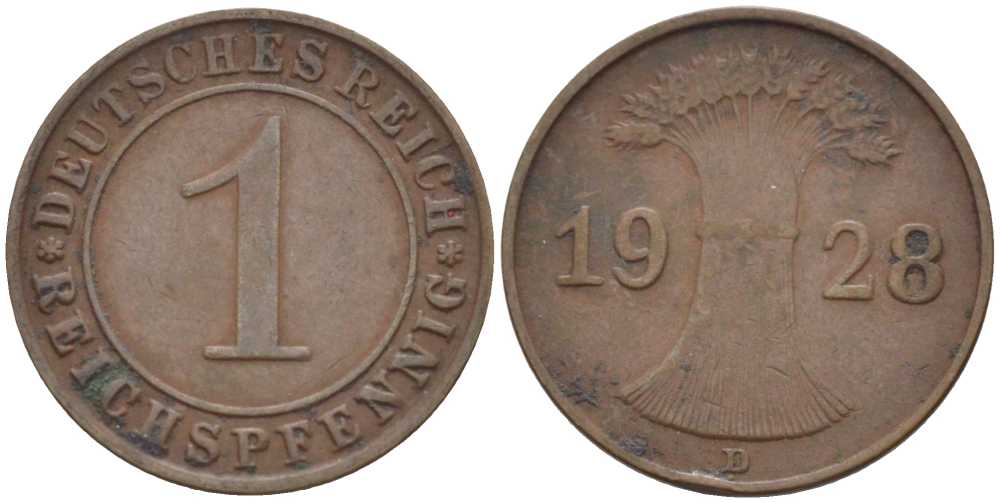 ГЕРМАНИЯ 1 РЕЙХСПФЕННИГ 1928 D KM 37, J. 313, Weege 2 бронза 211-116