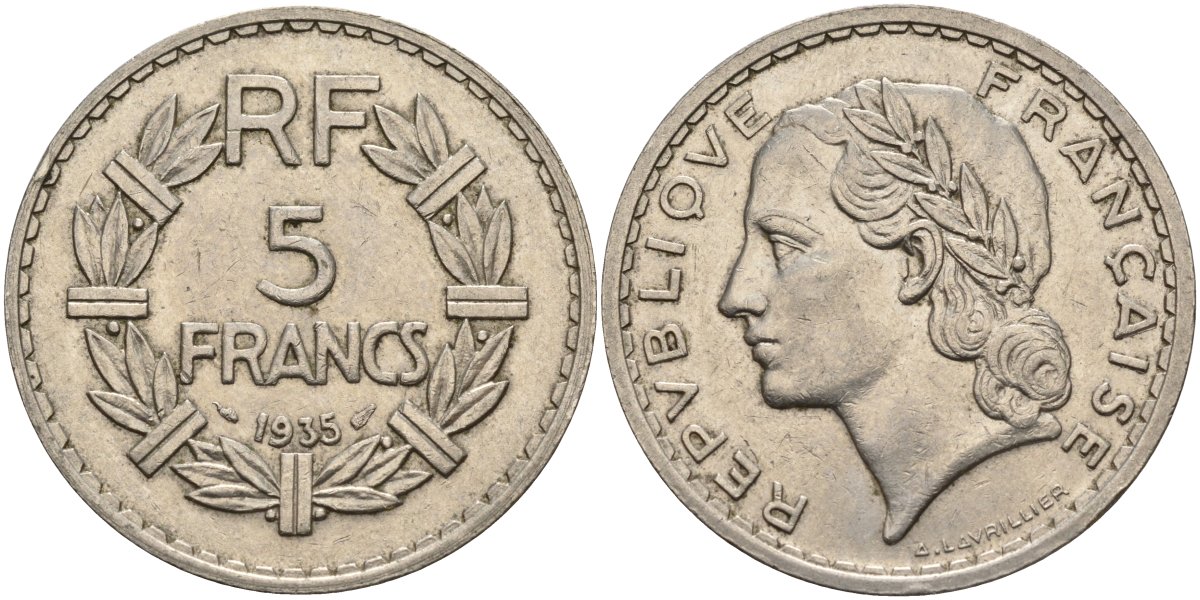 Франция 5 франков 1935 KM 888 никель 4144-413