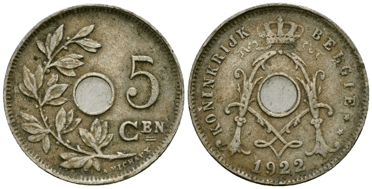 Бельгия 5 сантимов 1922 Belgie KM 67 медно-никель 4173-248