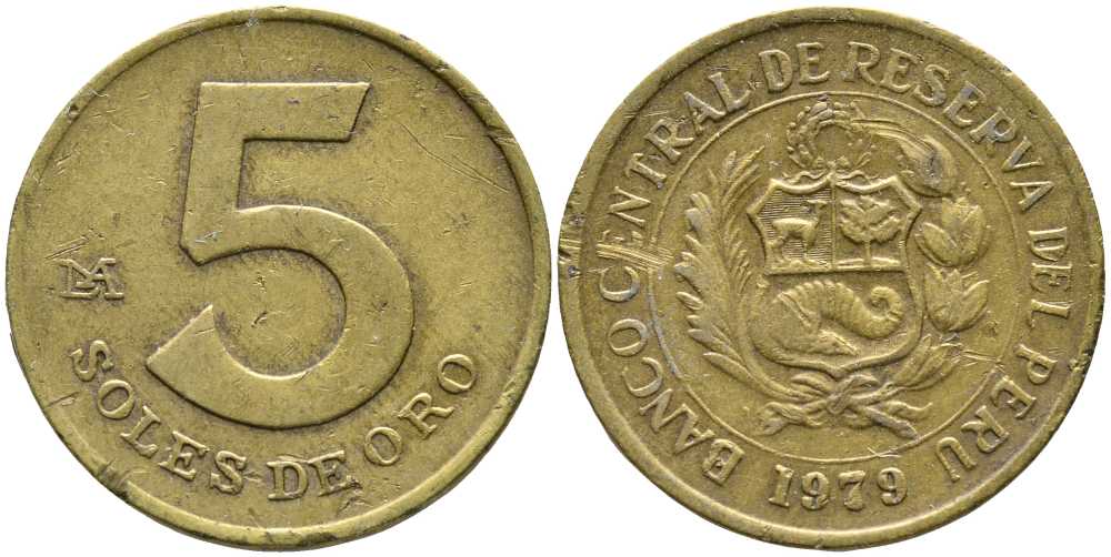 ПЕРУ 5 СОЛЕЙ 1979 KM 271 латунь 110-813