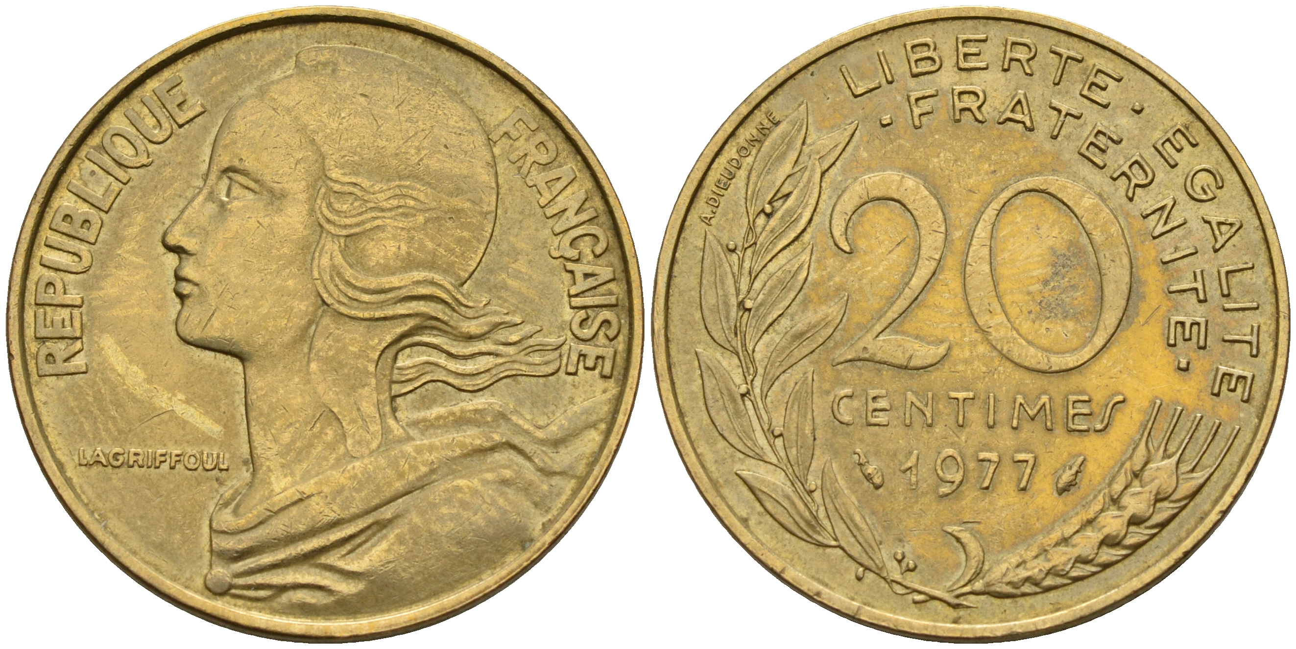 Франция 20 сантимов 1977 тип Марианна KM 930 медь алюминий никель    4153-416