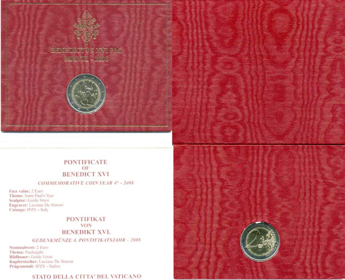 ВАТИКАН 2 ЕВРО 2008 ГОД СВЯТОГО ПАВЛА, В ОРИГИНАЛЬНОМ БУКЛЕТЕ KM 404 биметалл BUNC 7-1-24