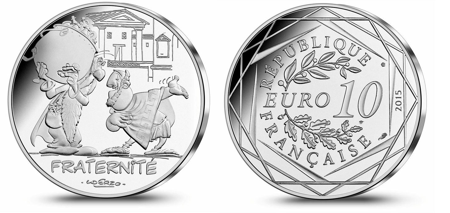 Франция 10 евро 2015 серия Астерикс и свобода, Панорамикс (Panoramix) и грек, в оригинальном буклете KM NEW серебро UNC 1-4-3-18