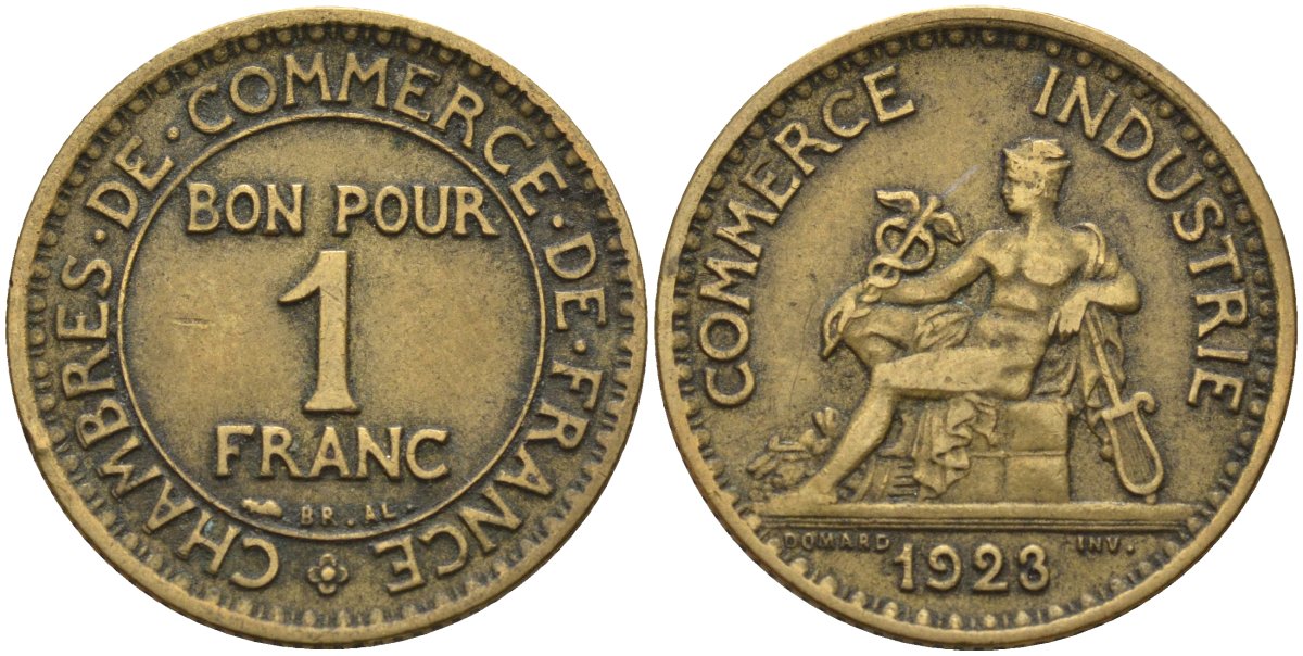 Франция 1 франк 1923 KM 876, Le Franc 218.5 алюминиевая бронза 4142-732