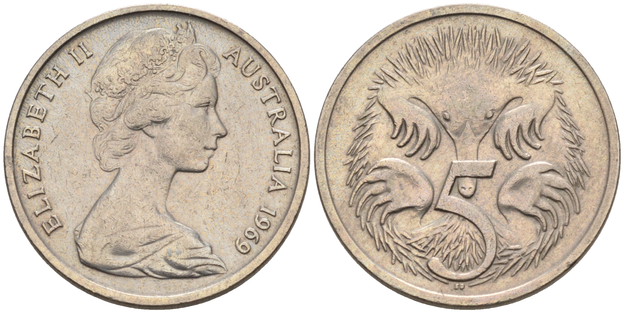 АВСТРАЛИЯ 5 ЦЕНТОВ 1969 ЕЛИЗАВЕТА II, МОЛОДОЙ ПОРТРЕТ, ЕХИДНА KM 64 медно-никель UNC 4564-1152