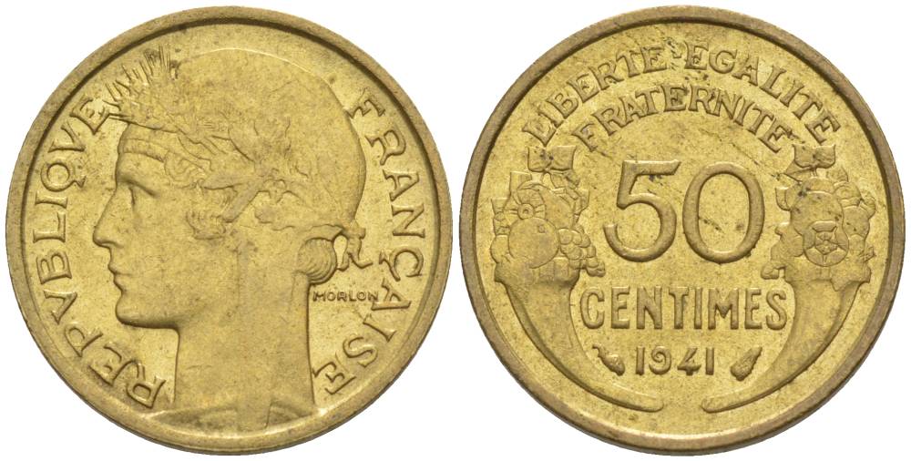 ФРАНЦИЯ 50 САНТИМОВ 1941 ТИП MORLON KM 894.1, LE FRANC 192.18 алюминиевая бронза 44-655