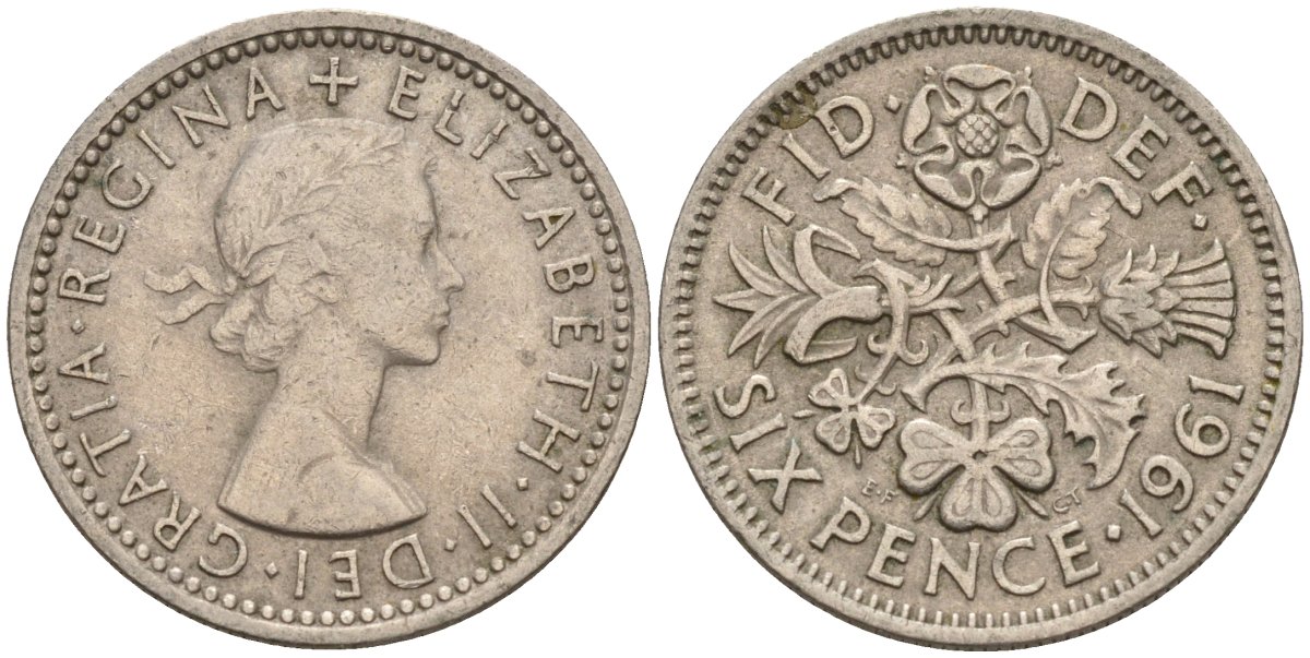 Великобритания 6 пенсов 1961 Елизавета II (1952-2022) KM 903, Spink 4149 медно-никель 4596-1044