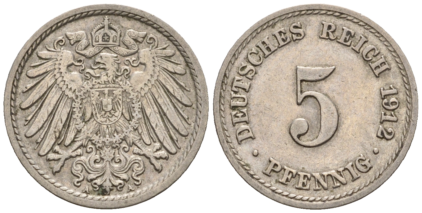 Германия 5 пфеннигов 1912 A, KM 11, J. 12 медно-никель 220-617