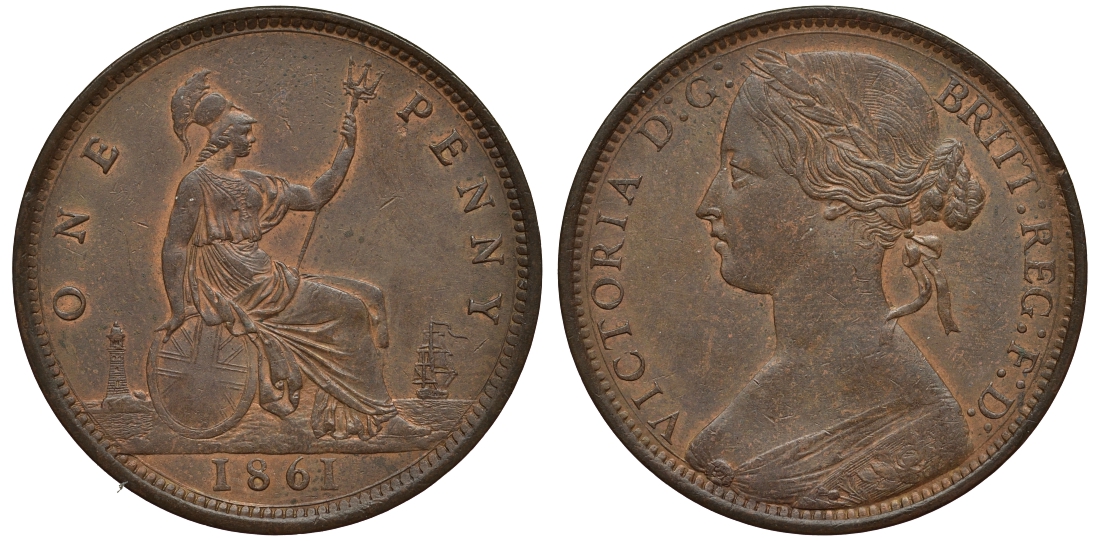 Великобритания 1 пенни 1861 Виктория (1837-1901) KM 749.2, Spink 3954 бронза 00-821-59