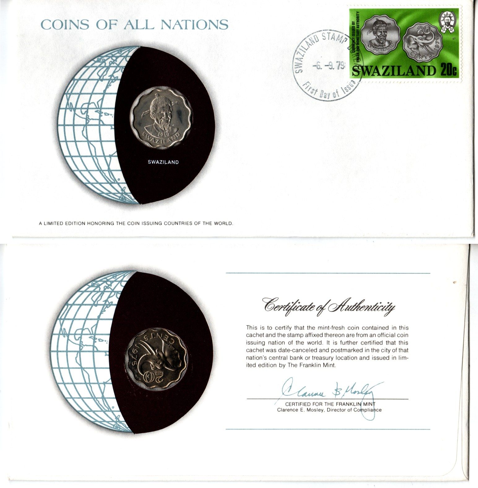 Свазиленд 20 центов 1975 конверт с маркой первого дня гашения, Coins of Nations KM 11 медно-никель UNC 4295-19-1